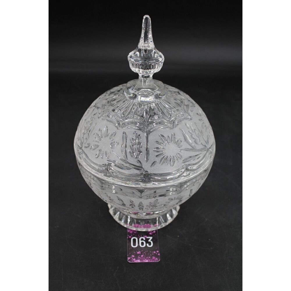 Vtg Glass/Crystal Zajecar Round Ball Shaped Etched Flower Footed Candy Dish Heav
